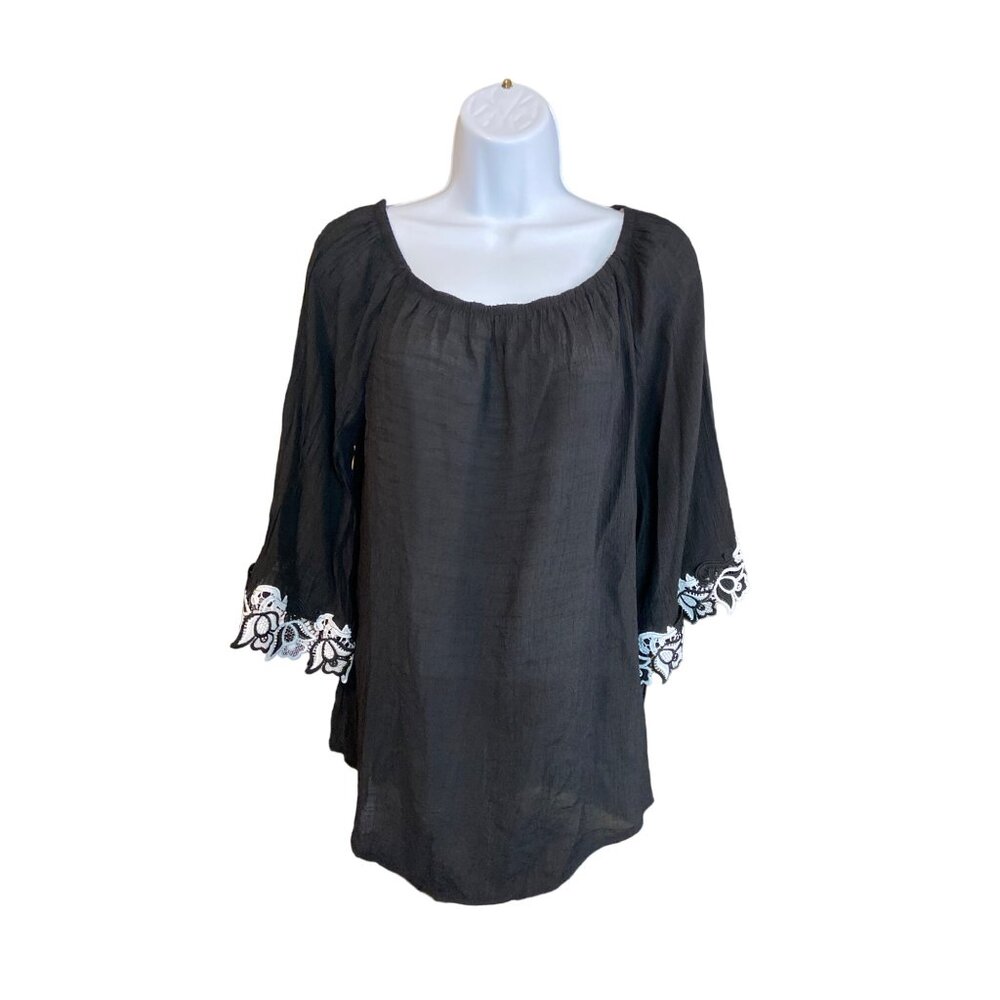 Cato EST 1946 Womens Peasant Blouse Black L Embroidered Bell Sleeves Whimsy Goth
